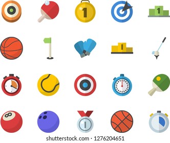 Color flat icon set target flat vector, medal, pedestal, bowling ball, basketball, stopwatch, sports flag, tennis, boxing gloves, table, golf fector