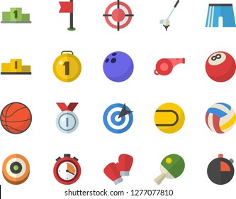 Color flat icon set target flat vector, medal, pedestal, whistle, bowling ball, basketball, volleyball, stopwatch, athletic shorts, sports flag, tennis, boxing gloves, table, golf fector