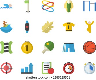 Color flat icon set target flat vector, medal, basketball, diet, achievement chart, stopwatch, carpal expander, parallel bars, athletic shorts, sports flag, sport T shirt, swimming, gymnastics, hoop