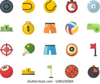 Color flat icon set target flat vector, medal, pedestal, bowling ball, basketball, volleyball, stopwatch, athletic shorts, sports flag, tennis, table, whistle