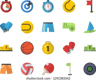 Color flat icon set target flat vector, medal, pedestal, basketball, volleyball, stopwatch, athletic shorts, sports flag, tennis ball, boxing gloves, table, whistle, windsurfing fector