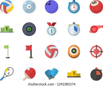 Color flat icon set target flat vector, medal, pedestal, whistle, bowling ball, volleyball, stopwatch, sports flag, boxing gloves, table tennis, fector