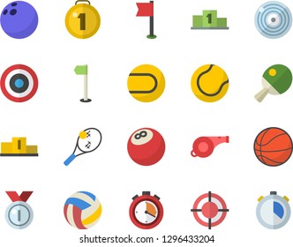 Color flat icon set target flat vector, medal, pedestal, whistle, bowling ball, basketball, volleyball, stopwatch, sports flag, tennis, table, fector