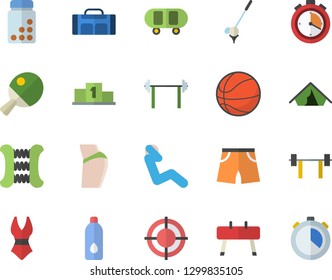 Color flat icon set target flat vector, barbell, pedestal, skateboard, basketball, buttocks, vitamins, stopwatch, carpal expander, sports equipment horse, athletic shorts, swimsuit, swing press