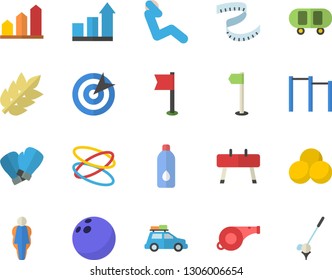 Color flat icon set target flat vector, whistle, bowling ball, skateboard, achievement chart, centimeter, parallel bars, sports equipment horse, flag, boxing gloves, pills, swing press, water, hoop