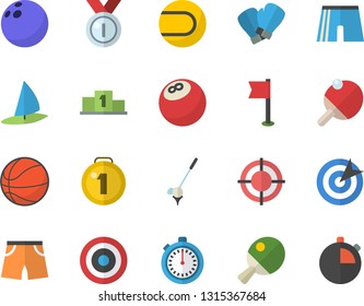 Color flat icon set target flat vector, medal, pedestal, bowling ball, basketball, stopwatch, athletic shorts, sports flag, tennis, boxing gloves, table, golf fector, windsurfing