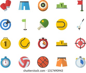 Color flat icon set target flat vector, medal, pedestal, basketball, volleyball, stopwatch, athletic shorts, sports flag, tennis ball, boxing gloves, table, golf fector