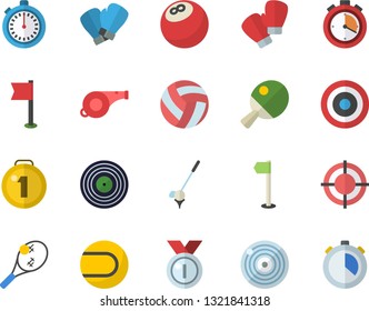 Color flat icon set target flat vector, medal, whistle, bowling ball, volleyball, stopwatch, sports flag, tennis, boxing gloves, table, fector, golf