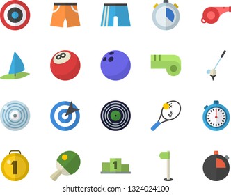 Color flat icon set target flat vector, medal, pedestal, whistle, bowling ball, stopwatch, athletic shorts, sports flag, table tennis, fector, golf, windsurfing