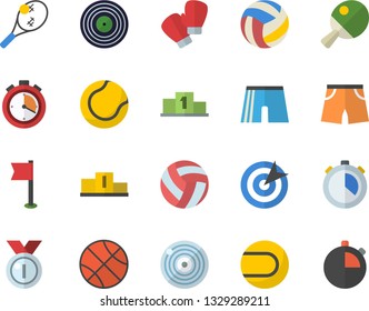 Color flat icon set target flat vector, medal, pedestal, basketball, volleyball, stopwatch, athletic shorts, sports flag, tennis ball, boxing gloves, table, fector