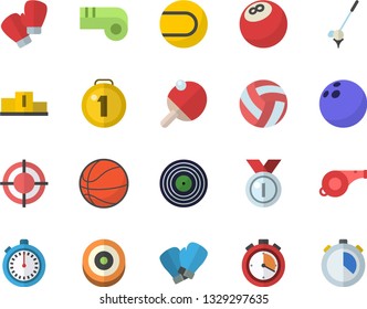 Color flat icon set target flat vector, medal, pedestal, whistle, bowling ball, basketball, volleyball, stopwatch, tennis, boxing gloves, table, golf fector
