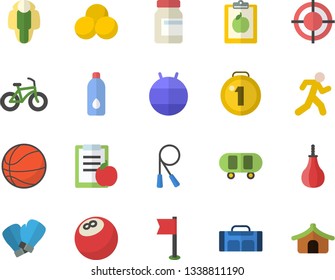 Color flat icon set target flat vector, medal, bowling ball, skateboard, basketball, diet, bicycle, vitamins, skipping rope, sports pear, flag, fitball, boxing gloves, pills, run, water, lose weight