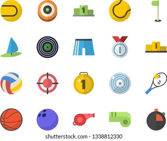 Color flat icon set target flat vector, medal, pedestal, whistle, bowling ball, basketball, volleyball, athletic shorts, sports flag, tennis, fector, windsurfing, stopwatch