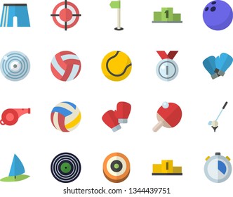 Color flat icon set target flat vector, medal, pedestal, whistle, bowling ball, volleyball, athletic shorts, sports flag, tennis, boxing gloves, table, golf fector, windsurfing, stopwatch