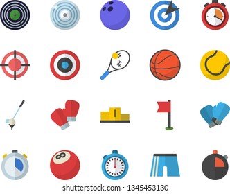 Color flat icon set target flat vector, pedestal, bowling ball, basketball, stopwatch, athletic shorts, sports flag, tennis, boxing gloves,  , golf