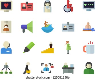 Color flat icon set tea flat vector, marker, computer diagnostics of health, disabled, massage, gestation, nurse, recruitment, badge, phone operator, office worker, hierarchy, businessman, surfing