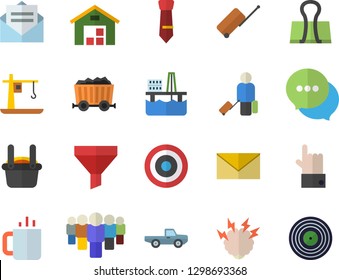 Color flat icon set tea flat vector, pickup truck, oil production platform, crane, mining, metallurgy, funnel, team, chat, warehouse, tie, brainstorm, target, luggage fector, binder clip, message