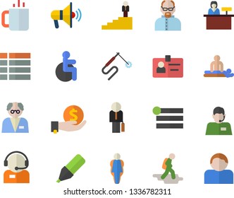 Color flat icon set tea flat vector, welding, marker, investments, telephone operator, disabled, massage, badge, businessman, career ladder, scientist, size, hike fector, mouthpiece, reception desk