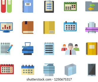 Color flat icon set team flat vector, calendar, clipboard, notebook, computer chart, sticker, printer, copy machine, book, notepad, textbook, file sharing, mobile