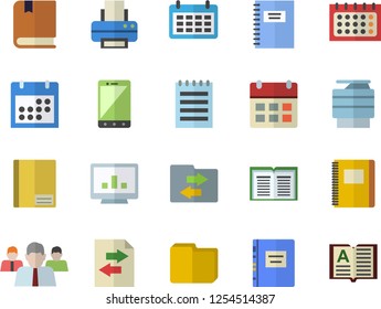 Color flat icon set team flat vector, calendar, notebook, computer chart, file, printer, copy machine, notepad, textbook, sharing, mobile, book