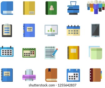Color flat icon set team flat vector, calendar, clipboard, notebook, computer chart, sticker, printer, copy machine, book, notepad, textbook, mobile