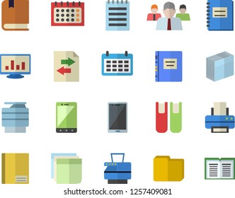 Color flat icon set team flat vector, calendar, notebook, computer chart, file, sticker, printer, copy machine, book, notepad, textbook, sharing, mobile