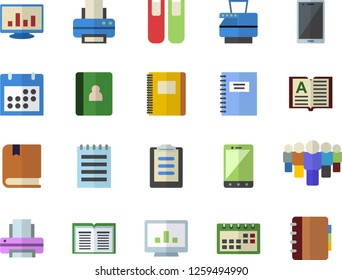 Color flat icon set team flat vector, clipboard, calendar, computer chart, printer, copy machine, book, notepad, textbook, notebook, mobile