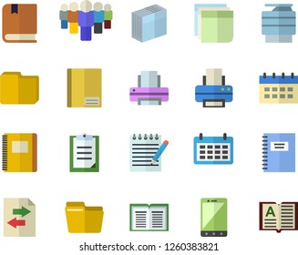 Color flat icon set team flat vector, calendar, clipboard, notebook, computer file, sticker, printer, copy machine, notepad, textbook, sharing, mobile, book
