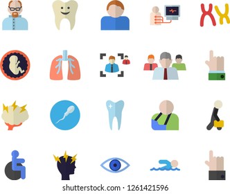 Color flat icon set team flat vector, disabled, injury, eye, headache, diagnostics, embryo, chromosomes, sperm, tooth, lungs, recruitment, businessman, brainstorm, scientist, swimming, user