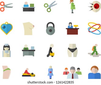 Color flat icon set team flat vector, massage, gestation, nurse, breast, artificial insemination, office worker, businessman, weight, buttocks, waistline, hoop, hike fector, reception desk, scissors