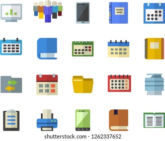 Color flat icon set team flat vector, calendar, clipboard, computer chart, file, printer, copy machine, book, textbook, notebook, sharing, mobile