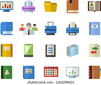 Color flat icon set team flat vector, calendar, clipboard, notebook, computer chart, file, sticker, printer, copy machine, book, textbook, sharing, mobile