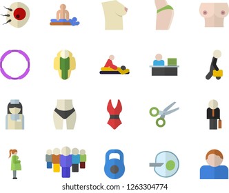 Color flat icon set team flat vector, massage, gestation, nurse, breast, artificial insemination, office worker, businessman, weight, buttocks, waistline, swimsuit, hoop, lose, scissors, user