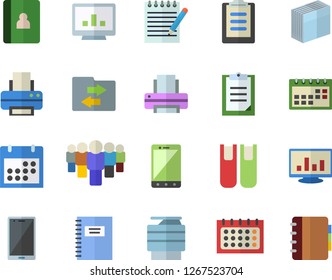 Color flat icon set team flat vector, calendar, clipboard, computer chart, sticker, printer, copy machine, book, notepad, notebook, file sharing, mobile
