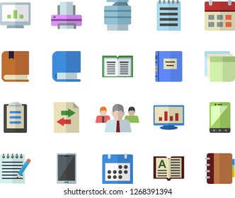 Color flat icon set team flat vector, clipboard, calendar, computer chart, sticker, printer, copy machine, book, notepad, textbook, file sharing, mobile, notebook