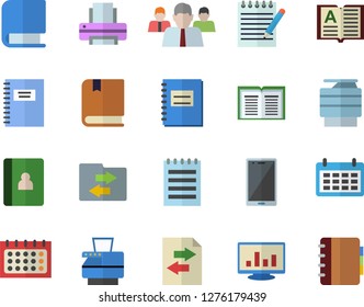 Color flat icon set team flat vector, calendar, notebook, computer chart, printer, copy machine, book, notepad, textbook, file sharing, mobile