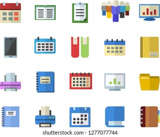 Color flat icon set team flat vector, calendar, clipboard, notebook, computer chart, file, printer, book, mobile