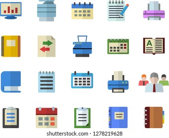 Color flat icon set team flat vector, calendar, clipboard, computer chart, printer, copy machine, book, notepad, textbook, notebook, file sharing