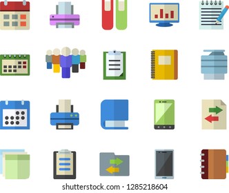 Color flat icon set team flat vector, clipboard, calendar, computer chart, sticker, printer, copy machine, book, notepad, notebook, file sharing, mobile