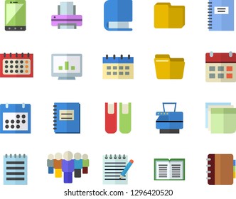 Color flat icon set team flat vector, calendar, notebook, computer chart, file, sticker, printer, copy machine, book, notepad, mobile