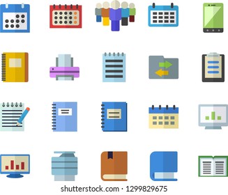 Color flat icon set team flat vector, calendar, clipboard, notebook, computer chart, printer, copy machine, book, notepad, textbook, file sharing, mobile