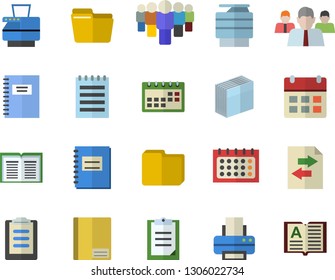 Color flat icon set team flat vector, calendar, clipboard, notebook, computer file, sticker, printer, copy machine, notepad, sharing, book