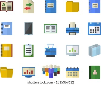 Color flat icon set team flat vector, clipboard, calendar, notebook, computer chart, file, sticker, printer, copy machine, textbook, sharing, mobile, book
