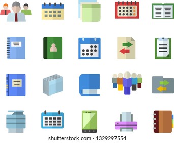 Color Flat Icon Set Team Flat Vector, Calendar, Clipboard, Sticker, Printer, Copy Machine, Book, Textbook, Notebook, File Sharing, Mobile