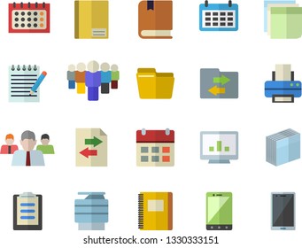 Color flat icon set team flat vector, calendar, clipboard, notebook, computer chart, file, sticker, printer, copy machine, notepad, textbook, sharing, mobile