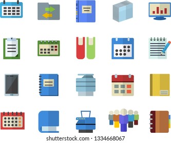 Color flat icon set team flat vector, calendar, clipboard, notebook, computer chart, sticker, copy machine, book, notepad, textbook, file sharing, mobile