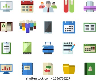 Color Flat Icon Set Team Flat Vector, Clipboard, Calendar, Notebook, Computer Chart, File, Printer, Copy Machine, Book, Notepad, Sharing, Mobile