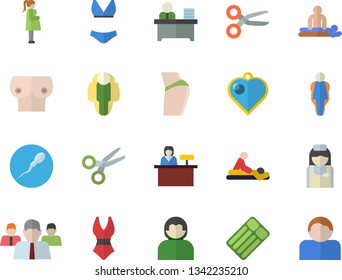 Color flat icon set team flat vector, massage, gestation, nurse, breast, sperm, office worker, buttocks, swimsuit, size, lose weight, reception desk fector, inflatable mattress, heart pendant, user