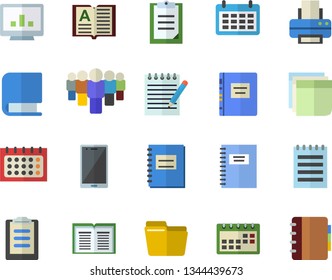 Color flat icon set team flat vector, calendar, clipboard, notebook, computer chart, file, sticker, printer, book, notepad, textbook, mobile