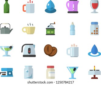 Color flat icon set teapot flat vector, electric kettle, coffee grinder, machine, beans, wine, cocktail, tea, drop, glass bottles, vitamins, water, fector, romantic dinner